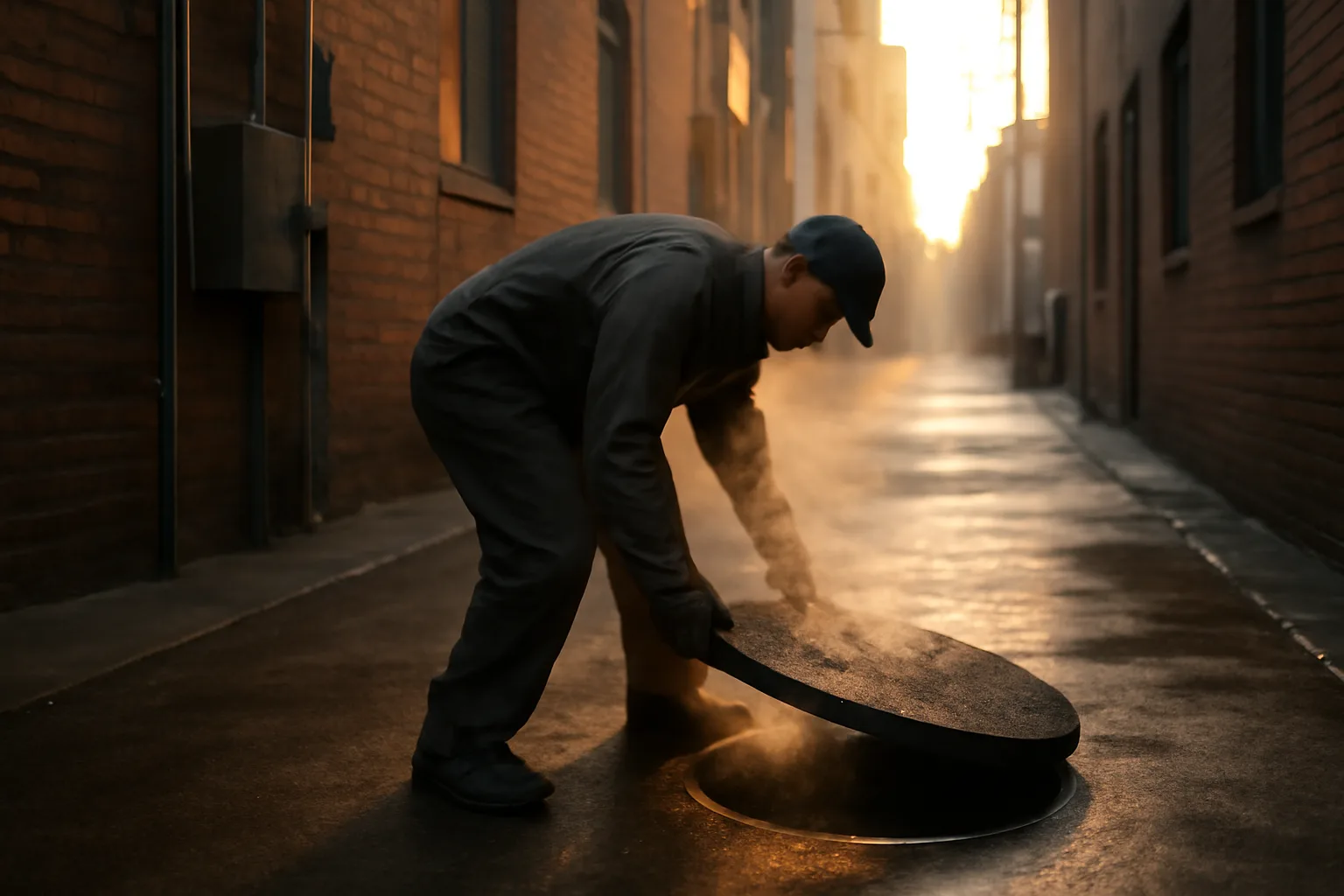 Worker lifting a grease interceptor lid behind a Denver restaurant