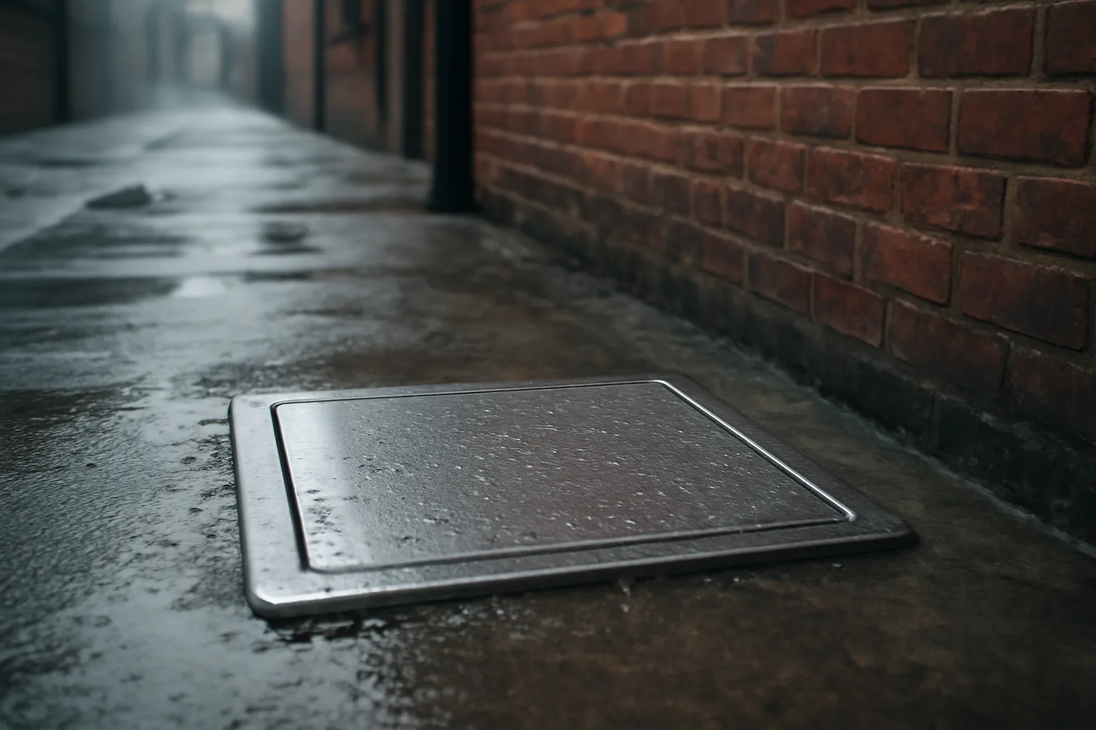 Grease interceptor lid in a wet Connecticut restaurant alley