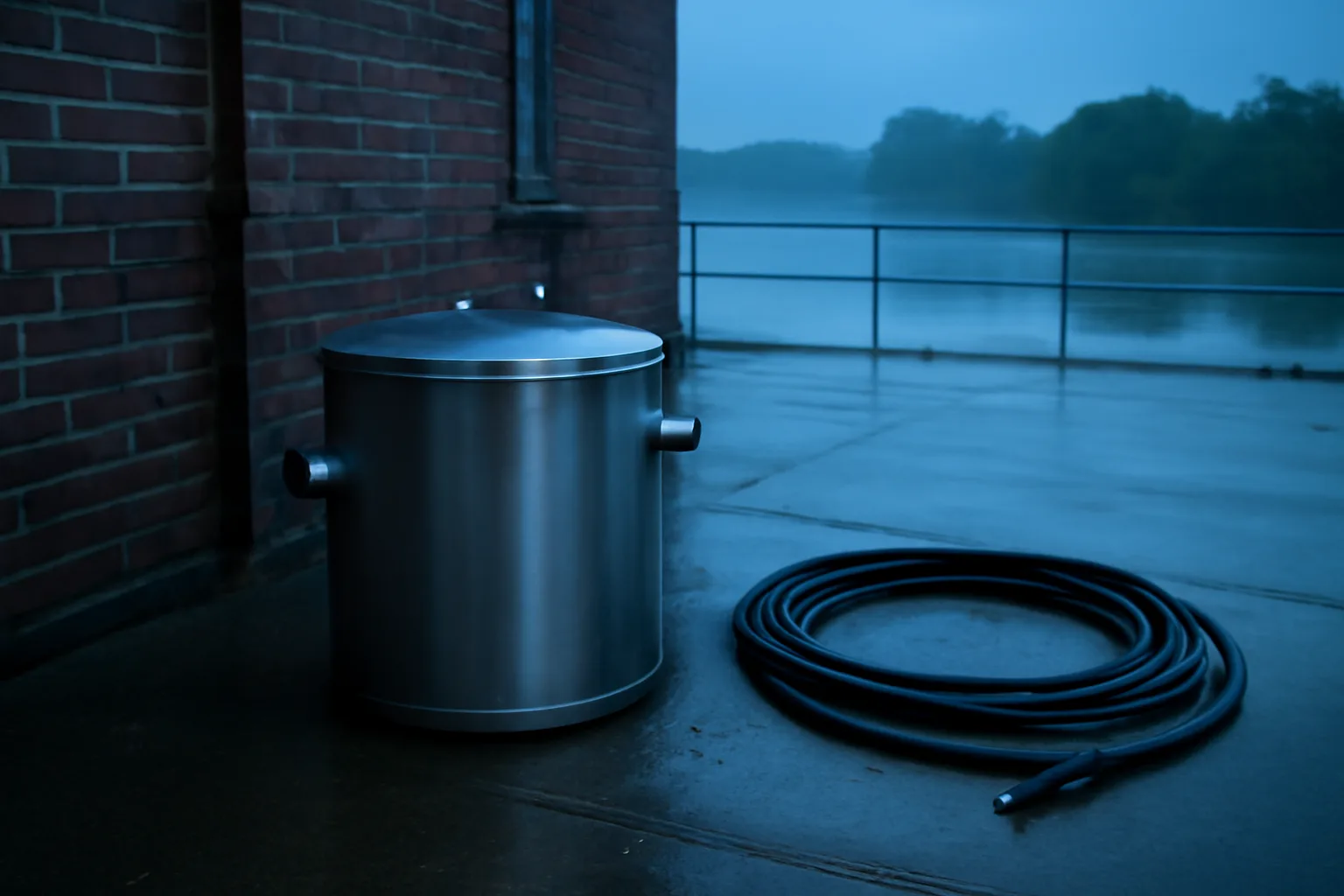 Stainless grease interceptor behind a Wilmington restaurant kitchen at dawn