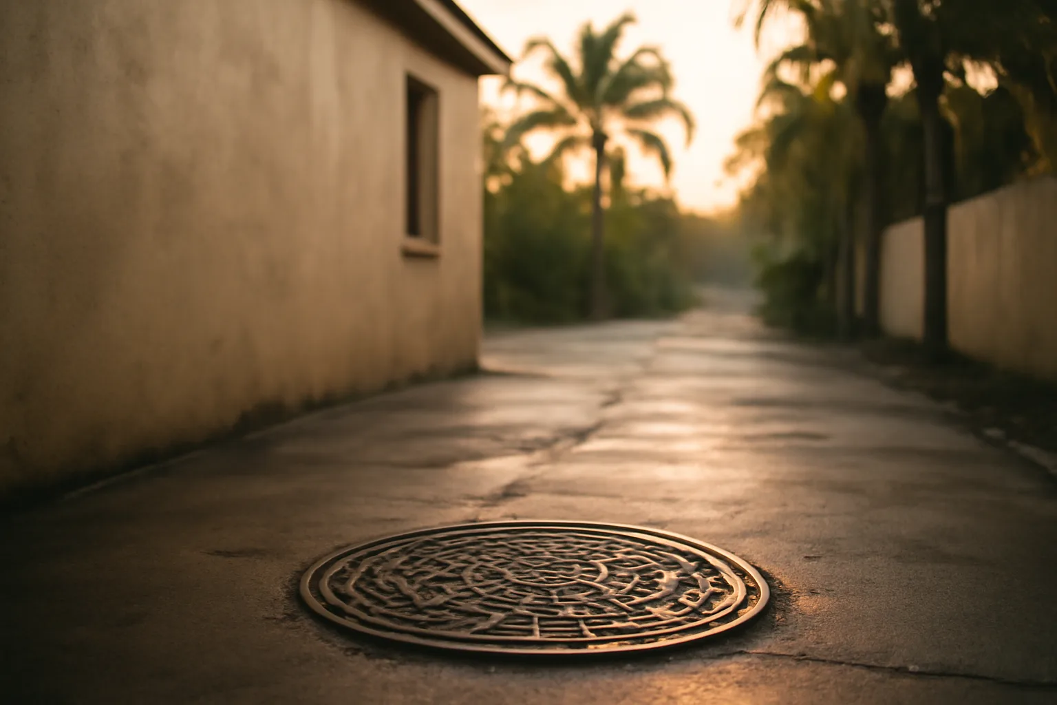 Cast iron grease trap cover in a humid Florida alley